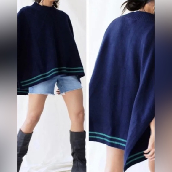 New Free People Harbour Stripe Cable Poncho Navy One Size Cape Sweater - Picture 6 of 7
